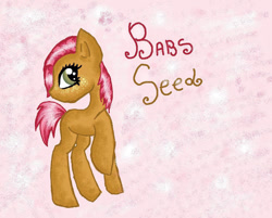 Size: 1111x893 | Tagged: safe, artist:diankave, derpibooru import, babs seed, earth pony, pony, abstract background, eyelashes, female, filly, foal, freckles, raised hoof, raised leg, solo