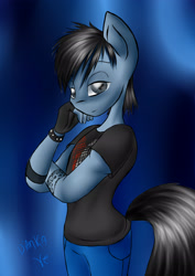 Size: 2480x3507 | Tagged: safe, artist:diankave, derpibooru import, oc, anthro, earth pony, abstract background, bedroom eyes, bracelet, clothes, earth pony oc, gloves, jewelry, male, pants, solo