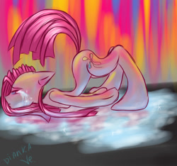 Size: 1143x1070 | Tagged: safe, artist:diankave, derpibooru import, pinkie pie, earth pony, semi-anthro, abstract background, crying, face down ass up, pinkamena diane pie, solo