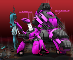 Size: 2173x1795 | Tagged: safe, artist:questionmarkdragon, derpibooru import, queen chrysalis, changeling, changeling queen, robot, fallout equestria, choking, female, solo