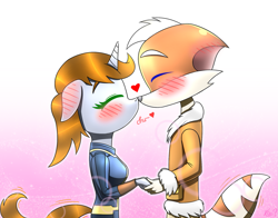 Size: 1679x1316 | Tagged: safe, artist:questionmarkdragon, derpibooru import, oc, oc:littlepip, anthro, fox, unicorn, fallout equestria, abstract background, blushing, clothes, ear blush, ears, floppy ears, hetero littlepip, holding hands, horn, jumpsuit, oc x oc, shipping, unicorn oc, vault suit