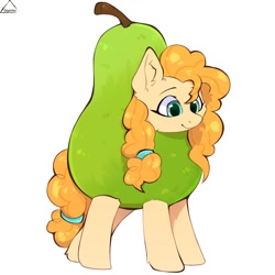 Size: 1100x1100 | Tagged: safe, artist:glazirka, derpibooru import, pear butter, earth pony, pony, clothes, commission, costume, female, food, food costume, fruit, fruit costume, mare, pear, pear costume, simple background, solo, white background