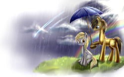 Size: 2100x1300 | Tagged: safe, alternate version, artist:aquagalaxy, derpibooru import, derpy hooves, doctor whooves, earth pony, pegasus, pony, crying, doctorderpy, female, male, mare, rain, rainbow, shipping, stallion, straight, umbrella, wallpaper