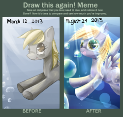 Size: 784x744 | Tagged: safe, artist:aquagalaxy, derpibooru import, derpy hooves, pegasus, pony, :p, bubble, comparison, crepuscular rays, draw this again, female, mare, redraw, smiling, solo, sunlight, tongue, tongue out, underwater, water