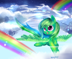 Size: 3000x2500 | Tagged: safe, artist:aquagalaxy, derpibooru import, oc, oc only, pegasus, pony, cloud, flying, high res, open mouth, open smile, pegasus oc, rainbow, smiling, solo