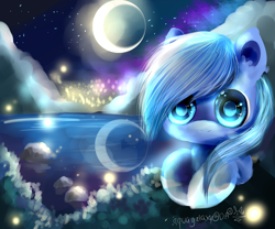 Size: 3000x2500 | Tagged: safe, artist:aquagalaxy, derpibooru import, oc, oc only, pony, crescent moon, front view, high res, looking at you, lying down, moon, night, prone, solo, water