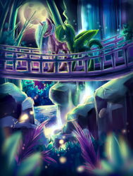 Size: 2500x3300 | Tagged: safe, artist:aquagalaxy, derpibooru import, princess celestia, oc, oc:emerald rescue, alicorn, pegasus, pony, bridge, high res, moon, night, solo, water