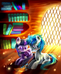 Size: 2500x3000 | Tagged: safe, artist:aquagalaxy, derpibooru import, twilight sparkle, twilight sparkle (alicorn), oc, oc:vorpal sword, alicorn, pony, unicorn, canon x oc, golden oaks library, high res