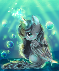 Size: 2500x3000 | Tagged: safe, artist:aquagalaxy, derpibooru import, oc, oc only, alicorn, pony, alicorn oc, bubble, female, filly, foal, high res, horn, looking back, sitting, solo, wings