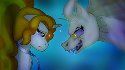 Size: 1280x720 | Tagged: safe, artist:zephyrskiesva, derpibooru import, adagio dazzle, pony, siren, unicorn, bubble, chest fluff, crepuscular rays, digital art, fangs, female, golden eyes, horn, looking at each other, looking at someone, mare, ocean, open mouth, orange mane, purple eyes, sad, self paradox, self ponidox, solo, underwater, water