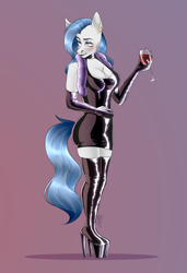 Size: 2400x3500 | Tagged: safe, artist:coffeez, derpibooru import, oc, oc only, oc:lousia, anthro, earth pony, alcohol, breasts, cleavage, clothes, commission, gloves, high heels, latex, latex dress, latex gloves, latex socks, shoes, sketch, socks, wine