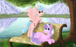 Size: 1280x800 | Tagged: safe, artist:maslivka, derpibooru import, cozy glow, diamond tiara, earth pony, pegasus, pony, :3, bench, lake, mountain, smiling, spread wings, water, wings