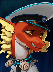 Size: 3120x4200 | Tagged: source needed, safe, artist:neitherman83, derpibooru import, oc, oc only, oc:posada, seapony (g4), equestria at war mod, bust, clothes, female, golden eyes, happy, jewelry, mare, military, military uniform, necklace, portrait, seapony oc, seashell necklace, smiling, uniform, uniform hat, yellow mane