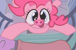 Size: 2724x1805 | Tagged: safe, artist:mandumustbasukanemen, derpibooru import, pinkie pie, atg 2022, bed, bedroom, jumping, looking at you, newbie artist training grounds, pig nose, piggie pie, solo