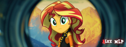 Size: 4094x1528 | Tagged: safe, artist:alex mlp, derpibooru import, edit, edited screencap, screencap, sunset shimmer, human, better together, equestria girls, forgotten friendship, breasts, clothes, confused, cropped, cutie mark on clothes, female, geode of empathy, jewelry, leather, leather vest, looking at you, magical geodes, music video, necklace, solo, vest