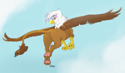 Size: 1280x751 | Tagged: safe, artist:crimes, derpibooru import, gilda, griffon, butt, colored, cute, feet, female, flying, foot focus, gildadorable, gildonk, looking at you, looking back, paw pads, paws, simple background, solo, solo female, spread wings, tail, talons, underpaw, wings