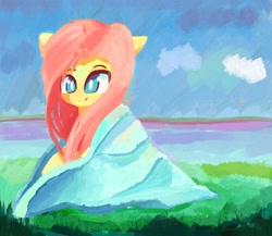 Size: 2480x2155 | Tagged: safe, artist:solid shrimp, derpibooru import, fluttershy, pegasus, pony, lake, scenery, solo, towel, water, wet