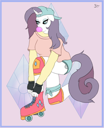 Size: 1300x1600 | Tagged: safe, artist:schumette14, derpibooru import, rarity, anthro, alternate hairstyle, bubblegum, disguise, food, gum, plainity, roller