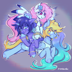 Size: 3500x3500 | Tagged: safe, artist:yumkandie, derpibooru import, oc, oc only, alicorn, pegasus, pony, alicorn oc, chest fluff, clothes, commission, dogpile, ear fluff, ears, female, frown, high res, horn, jacket, lying down, lying on top of someone, male, mare, pegasus oc, prone, raised eyebrow, shirt, smiling, stallion, unshorn fetlocks, wings