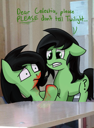 Size: 446x604 | Tagged: source needed, safe, artist:nonnyanon, derpibooru import, oc, oc:anon filly, begging, blood, female, filly, foal, mare, nosebleed, table, text
