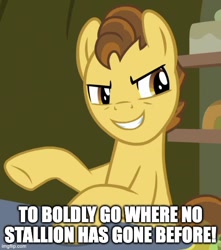 Size: 500x566 | Tagged: safe, derpibooru import, edit, edited screencap, screencap, grand pear, earth pony, pony, the perfect pear, caption, cropped, image macro, imgflip, james t kirk, male, solo, stallion, star trek, text, voice actor joke, william shatner, younger