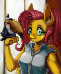 Size: 1000x1200 | Tagged: safe, artist:lexx2dot0, derpibooru import, fluttershy, anthro, bird, pegasus, toucan, beak, bust, clothes, ear fluff, ears, female, looking at you, mare, solo, toco toucan, wings