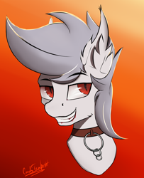 Size: 1566x1932 | Tagged: safe, artist:cmdrtempest, derpibooru import, oc, oc only, bat pony, pony, blood, bust, collar, cute, ear fluff, ears, eyeshadow, looking at you, makeup, shadow, simple background, solo, teeth