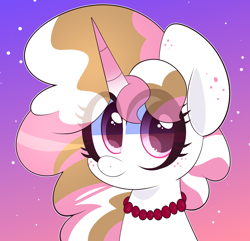 Size: 1390x1342 | Tagged: safe, artist:saveraedae, derpibooru import, oc, oc only, oc:pink pepper, pony, unicorn, bust, female, jewelry, looking at you, mare, necklace, portrait, smiling, solo, sparkles