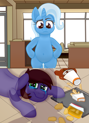 Size: 2248x3094 | Tagged: safe, artist:xppp1n, trixie, oc, oc:peeps, unicorn, bipedal, burger king, crying, female, hooves on hips, looking down, male, mare, meme, nugget, ponified, ponified meme, soda, spill, stallion