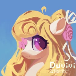 Size: 2048x2048 | Tagged: safe, artist:duvivi, derpibooru import, oc, oc only, oc:bloom shojo, pony, blue background, bust, female, looking at you, mare, portrait, profile, simple background, solo
