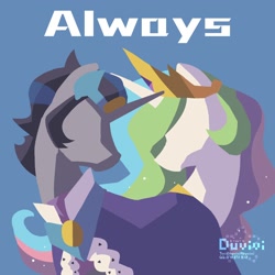 Size: 2000x2000 | Tagged: safe, artist:duvivi, derpibooru import, king sombra, princess celestia, alicorn, pony, unicorn, blue background, celestibra, duo, female, good king sombra, horn, jewelry, male, mare, minimalist, profile, regalia, shipping, simple background, stallion, straight