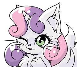 Size: 370x320 | Tagged: safe, artist:namaenonaipony, derpibooru import, sweetie belle, cat, unicorn, bust, catified, chest fluff, ear fluff, ears, female, horn, kitty belle, one eye closed, simple background, solo, species swap, white background