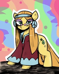 Size: 1200x1500 | Tagged: safe, artist:yuka_mono195, derpibooru import, earth pony, pony, clothes, eye clipping through hair, female, glasses, lidded eyes, looking at you, mare, rainbow background, solo, wheat grass