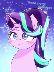 Size: 768x1024 | Tagged: safe, artist:zeon_starlight, derpibooru import, starlight glimmer, pony, unicorn, blue background, bust, female, gradient background, horn, mare, portrait, simple background, smiling, solo, sparkles, stars