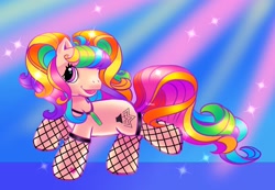 Size: 2048x1421 | Tagged: safe, artist:sidruni, derpibooru import, oc, oc only, earth pony, pony, fishnet stockings, glowstick, solo