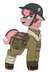 Size: 1462x2112 | Tagged: safe, artist:coatieyay, derpibooru import, oc, oc:dilly dally, bat pony, equestria at war mod, bandage, bat pony oc, blood, clothes, eye scream, helmet, military uniform, simple background, soldier, solo, transparent background, uniform