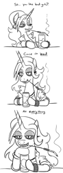 Size: 433x1179 | Tagged: safe, artist:jargon scott, derpibooru import, oc, oc only, oc:dyx, alicorn, pony, bedroom eyes, beer can, black and white, cigarette, cigarette holder, clothes, comic, dialogue, eyeshadow, female, grayscale, grin, jacket, looking at you, makeup, mare, monochrome, older, older dyx, sharp teeth, simple background, smiling, smiling at you, smoking, solo, studded bracelet, talking to viewer, teeth, white background