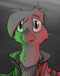 Size: 800x1000 | Tagged: safe, artist:sinrar, derpibooru import, gilda, griffon, bust, clothes, female, jacket, looking at you, monochrome, neo noir, partial color, portrait, ruffled feathers, solo, worried