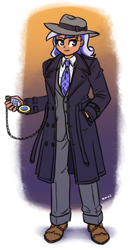 Size: 980x1880 | Tagged: safe, artist:king-kakapo, derpibooru import, minuette, human, clothes, detective, fedora, hat, humanized, necktie, pocket watch, shoes, solo, suit, trenchcoat