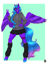 Size: 1446x1900 | Tagged: safe, artist:natt333, derpibooru import, oc, oc only, oc:violet aura, anthro, pegasus, unguligrade anthro, braid, clothes, commissioner:solar aura, hoodie, leg warmers, open mouth, open smile, peace sign, skirt, smiling, solo
