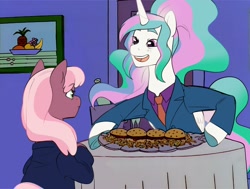 Size: 2948x2224 | Tagged: safe, artist:aztrial, derpibooru import, cheerilee, princess celestia, alicorn, earth pony, alternate hairstyle, burger, clothes, food, french fries, hamburger, holding, meme, necktie, ponified, ponified meme, ponytail, principal skinner, reference to another series, simpsons did it, steamed hams, suit, superintendent chalmers, the simpsons, tray