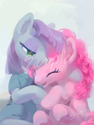 Size: 1080x1440 | Tagged: safe, artist:syq93793068, derpibooru import, maud pie, pinkie pie, earth pony, pony, chinese, clothes, cute, diapinkes, dress, duo, duo female, eyes closed, female, happy, mare, open mouth, open smile, pie sisters, profile, sample, siblings, sisters, smiling, underhoof, watermark