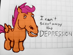 Size: 4000x3000 | Tagged: artist needed, source needed, safe, derpibooru import, apple bloom, scootaloo, sweetie belle, pegasus, pony, bojack horseman, crossover, cutie mark crusaders, depressed, depression, graph paper, hoers, solo, text, traditional art