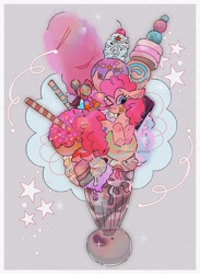 Size: 1490x2036 | Tagged: safe, artist:blairvonglitter, derpibooru import, pinkie pie, earth pony, pony, candy, cherry, cotton candy, donut, female, food, ice cream, looking at you, mare, one eye closed, simple background, smiling, smiling at you, solo, sprinkles, stars, straw, tiny, tiny ponies, tongue, tongue out, wink, winking at you