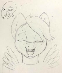 Size: 1080x1273 | Tagged: artist needed, safe, derpibooru import, scootaloo, pegasus, pony, bust, cute, cutealoo, dialogue, disembodied head, eyebrows, eyes closed, female, filly, floating wings, foal, grayscale, happy, monochrome, open mouth, open smile, pencil drawing, simple background, sketch, smiling, solo, spread wings, talking, teeth, traditional art, white background, wings