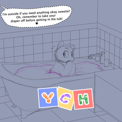 Size: 800x800 | Tagged: safe, artist:binkyroom, derpibooru import, pony, ashamed, bathroom, bathtub, commission, covering mouth, cute, diaper, impossibly large diaper, looking sideways, oops, scared, solo, speech bubble, text, your character here