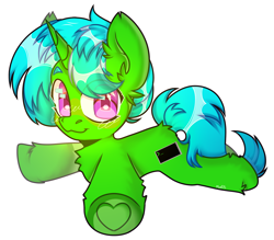 Size: 2000x1748 | Tagged: safe, artist:morttdecaipng, derpibooru import, oc, oc only, oc:green byte, pony, unicorn, commission, eye clipping through hair, plushie, simple background, solo, white background, ych result