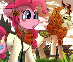 Size: 3500x3000 | Tagged: safe, artist:brainiac, derpibooru import, autumn blaze, pinkie pie, earth pony, kirin, pony, :o, autumnpie, blushing, clothes, collar, crack shipping, ear piercing, earring, female, grin, jewelry, leash, lesbian, mare, open mouth, pet play, piercing, shipping, smiling, solo, sweater