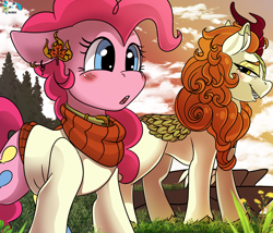 Size: 3500x3000 | Tagged: safe, alternate version, artist:brainiac, derpibooru import, autumn blaze, pinkie pie, earth pony, kirin, pony, :o, autumnpie, blushing, clothes, collar, ear piercing, earring, female, grin, jewelry, lesbian, mare, open mouth, piercing, shipping, smiling, solo, sweater