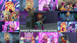 Size: 1280x722 | Tagged: safe, derpibooru import, edit, edited screencap, editor:quoterific, screencap, applejack, fluttershy, gloriosa daisy, kiwi lollipop, pinkie pie, rainbow dash, rarity, sci-twi, sunset shimmer, twilight sparkle, equestria girls, equestria girls series, legend of everfree, let it rain, rainbow rocks, rollercoaster of friendship, spring breakdown, sunset's backstage pass!, spoiler:eqg series (season 2), boots, clothes, drum kit, drums, drumsticks, electric guitar, eyes closed, female, geode of empathy, geode of sugar bombs, glasses, grin, guitar, humane five, humane seven, humane six, jacket, k-lo, leather, leather jacket, legend you were meant to be, magical geodes, microphone, music festival outfit, musical instrument, one eye closed, open mouth, open smile, photo booth (song), ponied up, ponytail, postcrush, shoes, singing, smiling, text, wink